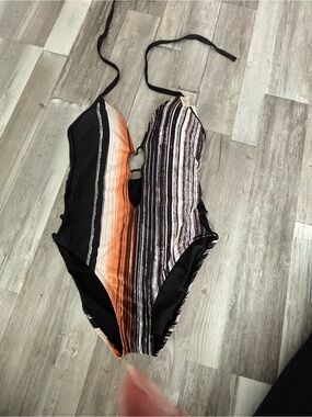 Striped Push-Up One-Piece Swimsuit in Black and Brown